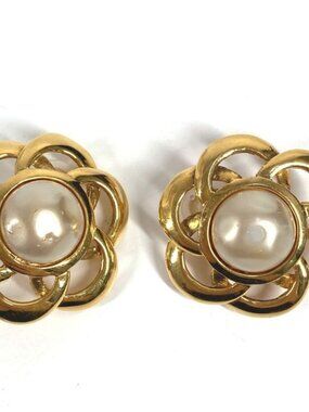 Chanel Earrings Faux Pearl Flower Metal Gold